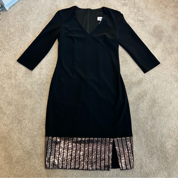 Joseph Ribkoff black V-neck sheath dress metallic Rose Gold sequin accents 6 NWT - Picture 8 of 15